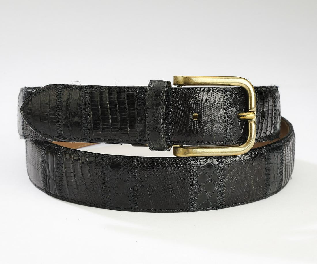 Italian crocodile and lizard leather belt: Italian crocodile and lizard black leather belt, having an Italian brass buckle and a label 'Mezlan,' men's size 36, overall 41"l x 1.25"w.