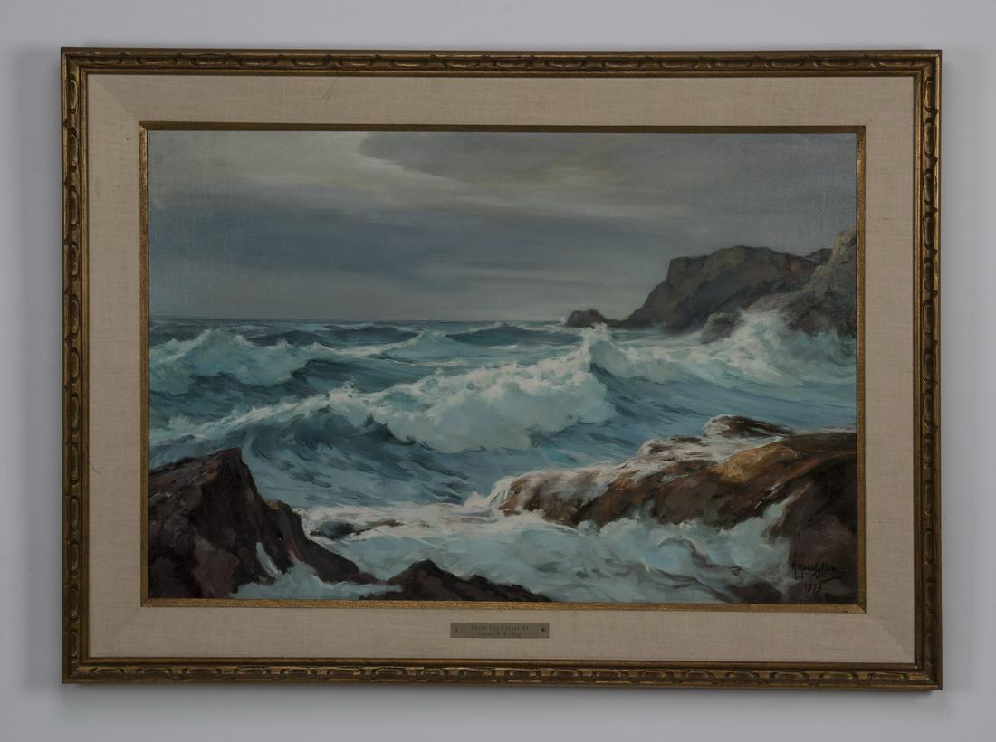 A. Karafyllakis signed O/c seascape of crashing waves: Antonis L. Karafyllakis (Greek, 1908-1983), oil on canvas depicting a seascape of waves crashing along a rocky coastline, artist signed and dated 'A. Karafyllakis / 1973' at lower right, 24"h x 36"w, 