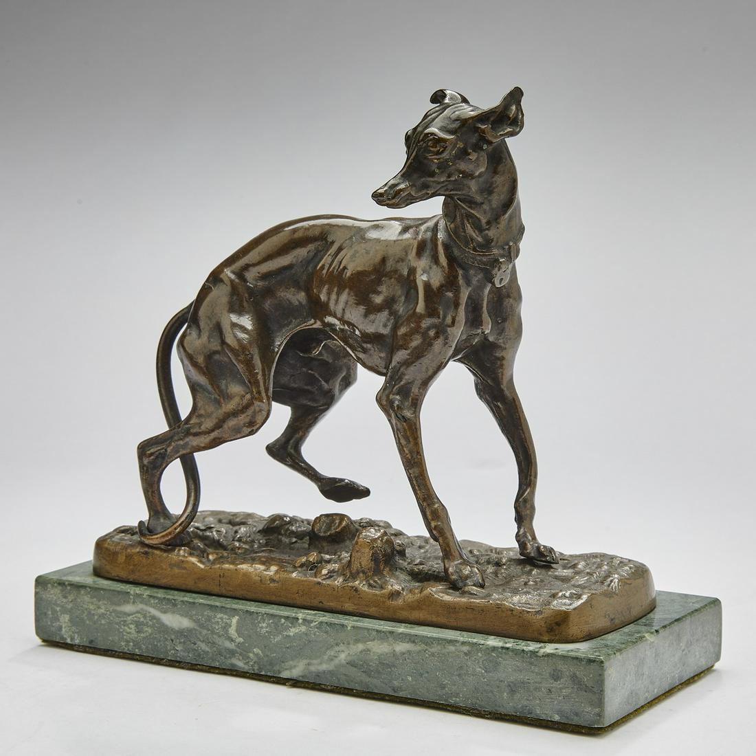 Bronze whippet sculpture, in the manner of Mene: Patinated bronze whippet in the manner of Pierre Jules Mene (French 1810-1879), the dog standing on a naturalistic base with its head turned, the whole resting on a rectangular marble plinth, 6.25" x