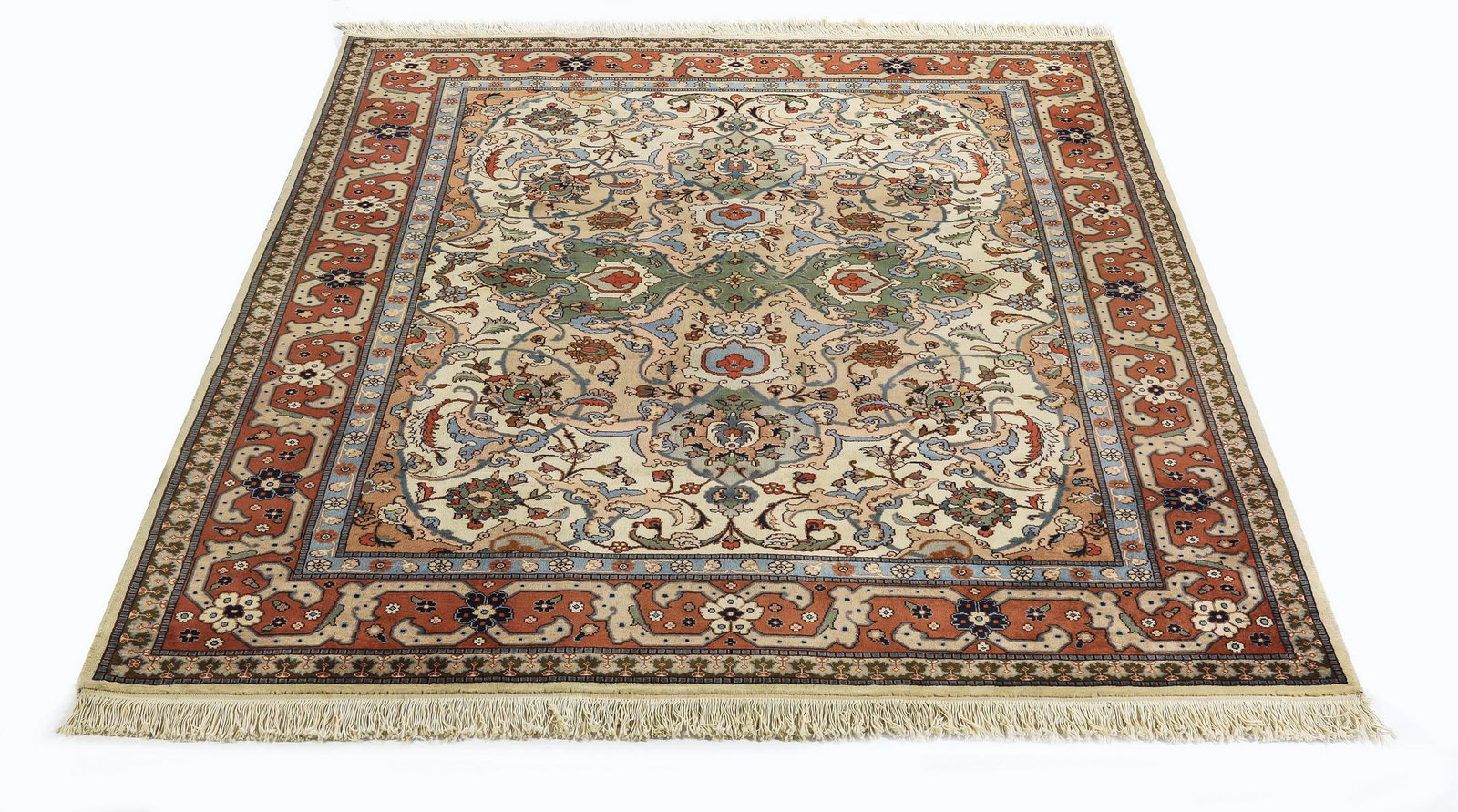 Hand knotted wool Turkish rug, 9 x 7: Hand knotted wool Turkish rug, having a medallion with pendants in celadon, pale pink, and slate blue, on a cream ground with all over sickle and vine motifs, framed in a pale pink meander border on a