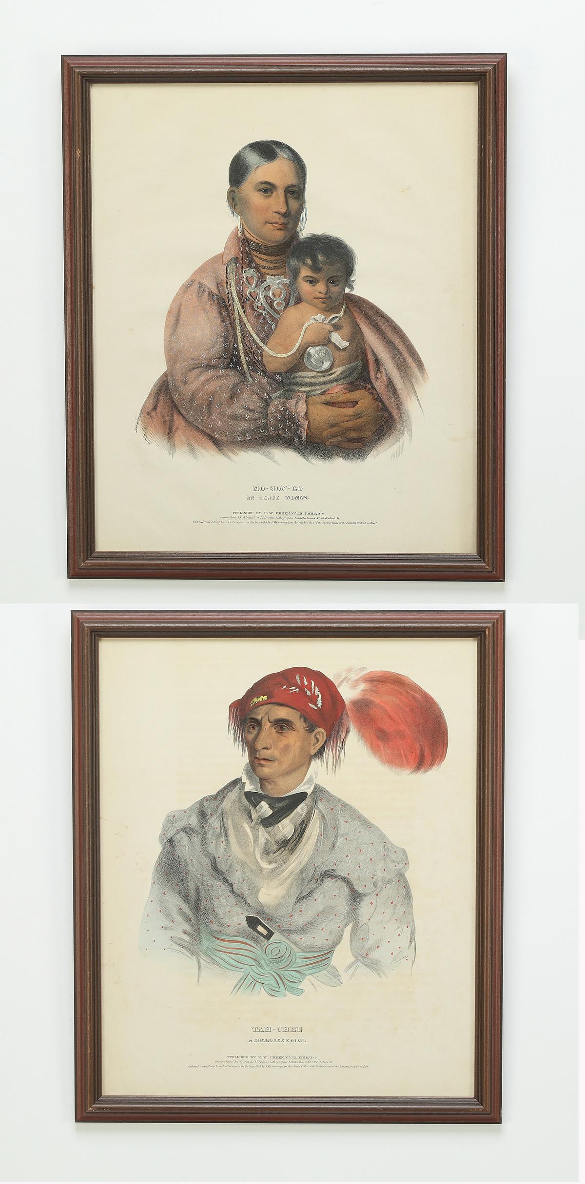 (2) Hand colored Native American portrait lithos: (2) Native American portraits after Charles Bird King, (American 1785-1863), from History of the Indian Tribes of North America, 1836-1844, the hand colored lithographs comprising Tah-Chee, a Cherokee