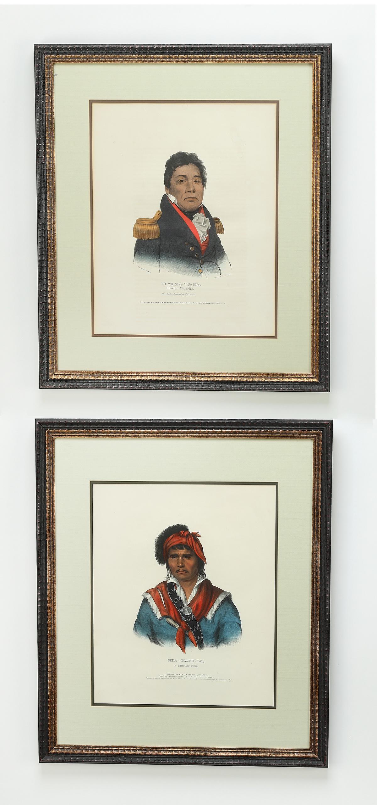 (2) Hand colored Native American portrait lithos: (2) Native American portraits after Charles Bird King, (American 1785-1863), from History of the Indian Tribes of North America, 1836-1844, the hand colored lithographs comprising Nea-Math-La, a Semin