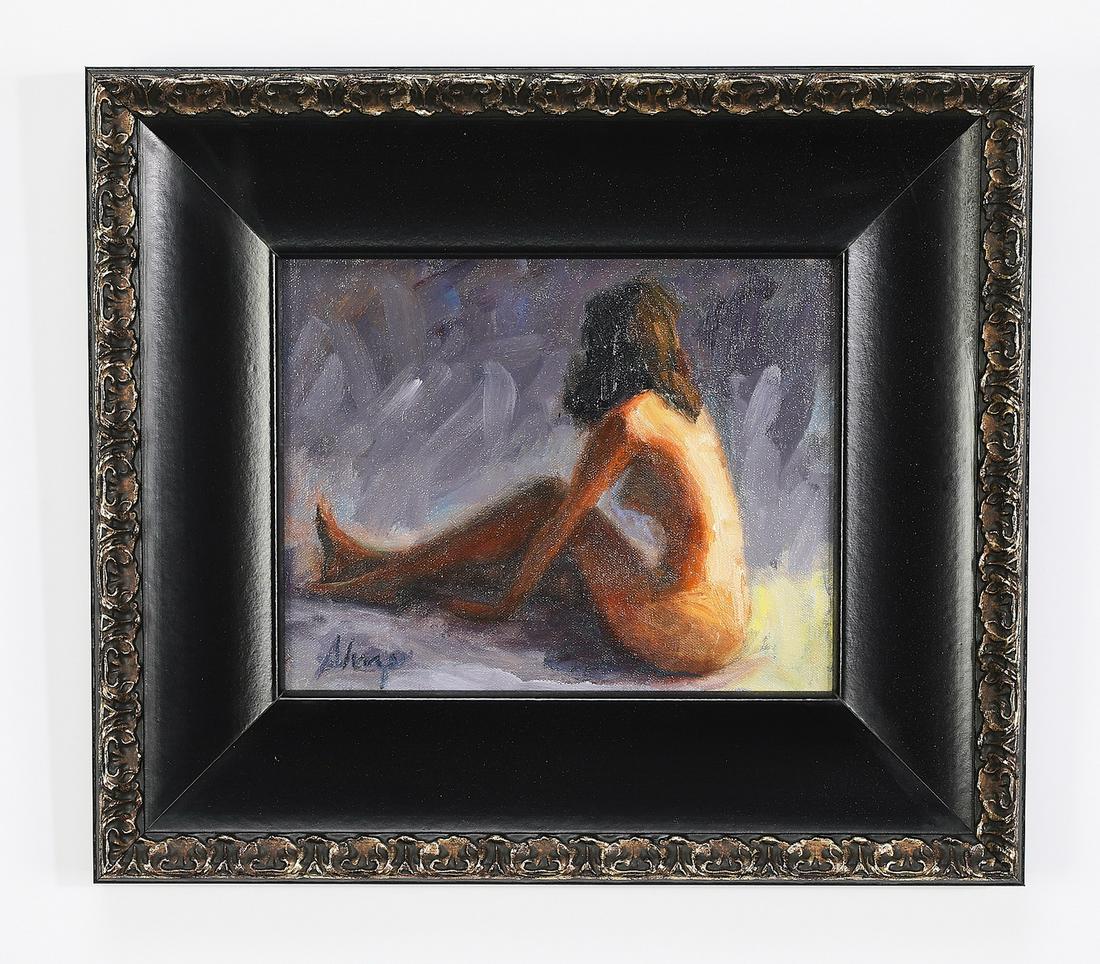 Signed Martha Sharp O/b nude portrait, 'Spotlight': Signed Martha Sharp (American, 20th/21st century) 'Spotlight,' 2006, executed in oil on board, depicting a nude seated with her back towards the viewer, signed lower right, title and date to verso, 8"