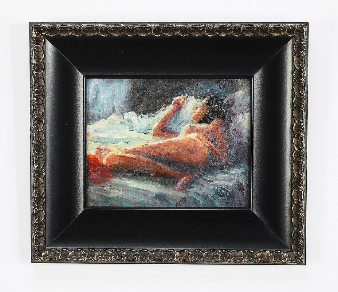 Signed Martha Sharp O/b nude portrait: Signed Martha Sharp (American, 20th/21st century) 'Sleeping Beauty,' 2007, executed in oil on board, depicting a nude woman reclining, signed lower right, title and date to verso, 8"h x 10"w, overall 
