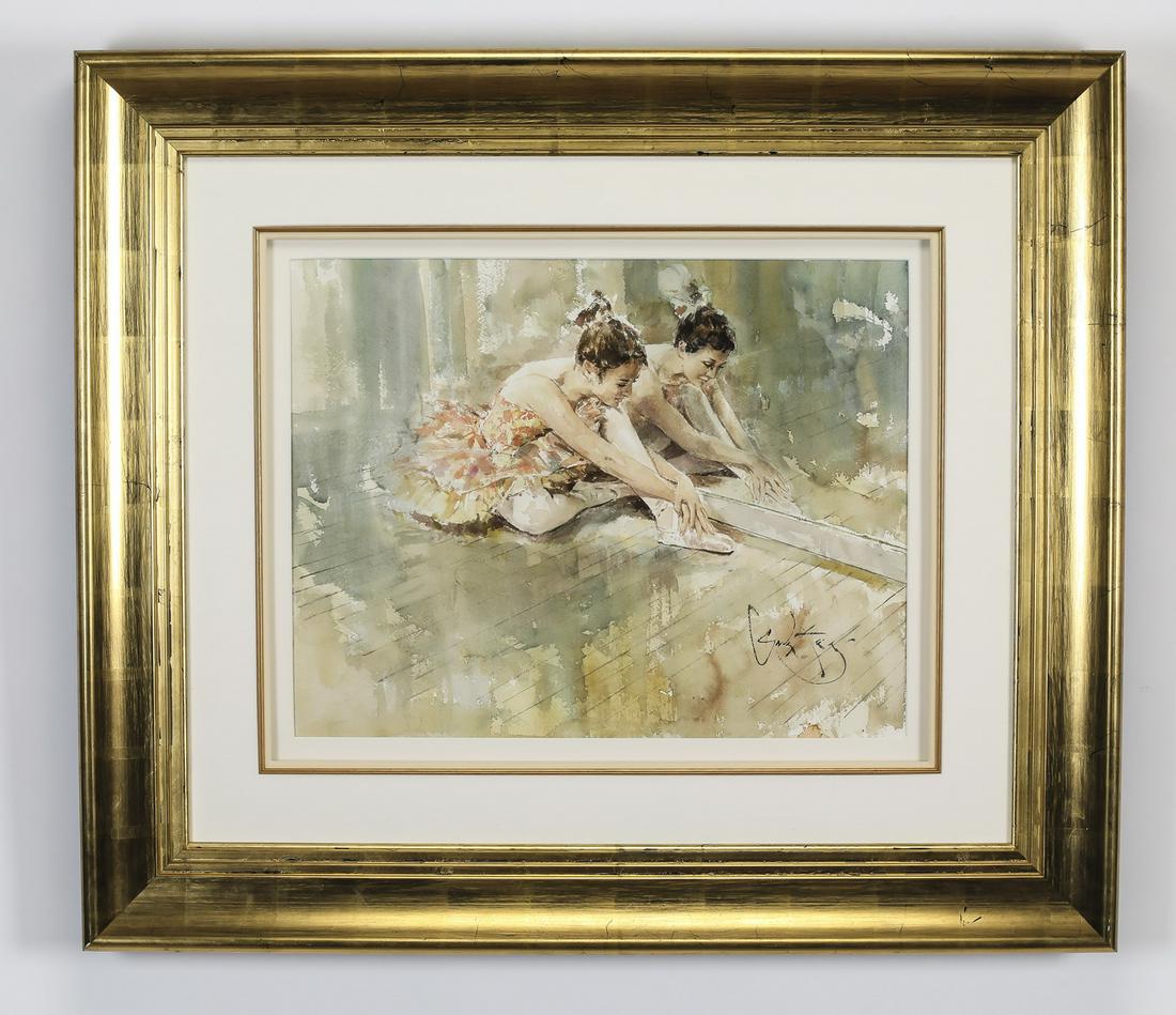 Gordon King (British), signed W/c of ballerina: Gordon King (British, born 1939), watercolor and gouache on paper titled 'A Dancers Reflect / Mood,' depicting a ballerina in a pink tutu stretching in profile in front of a studio mirror, artist sign