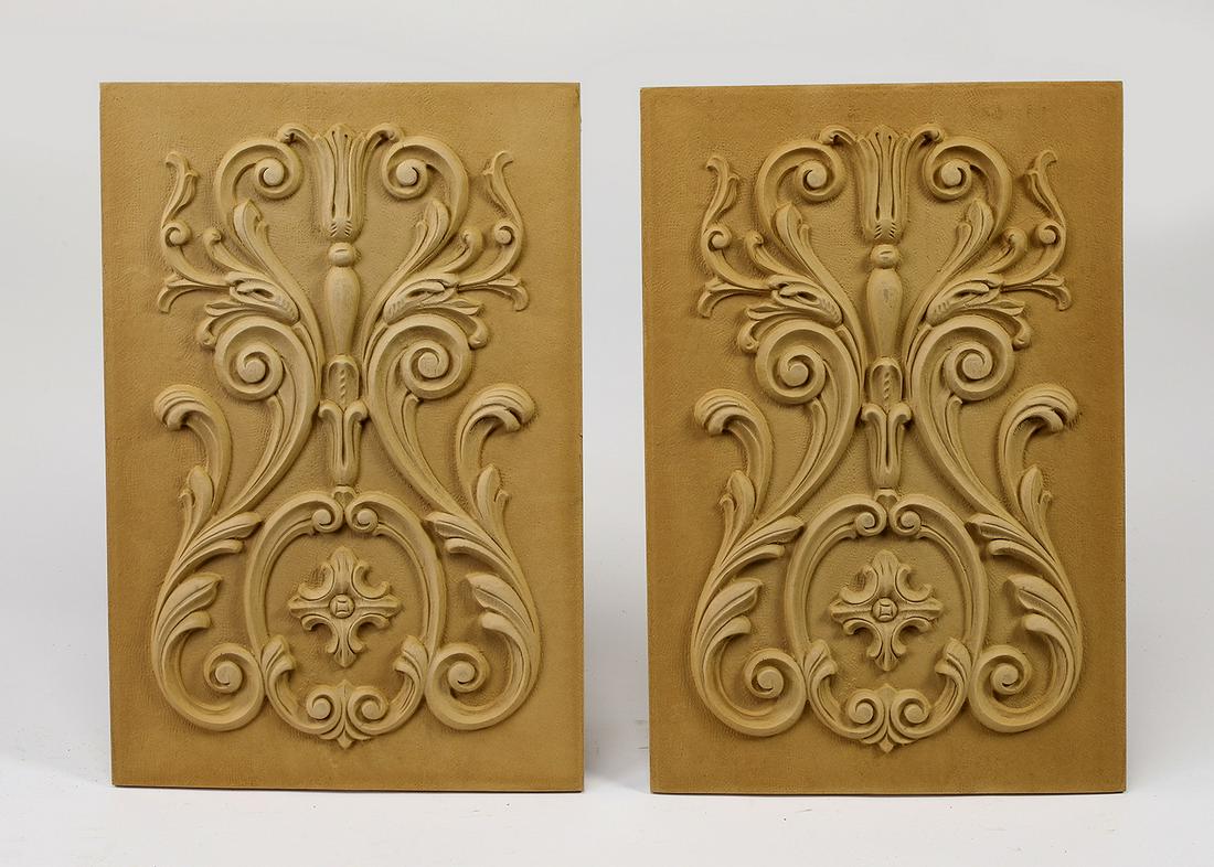 (2) Acanthus scrollwork architectural panels, 20"h: Pair of architectural panels, each depicting stylized foliates and acanthus scrollwork, crafted of cast composite, ready for your own stained or painted finish, 19.75"h x 13.25"w x 0.5"d.