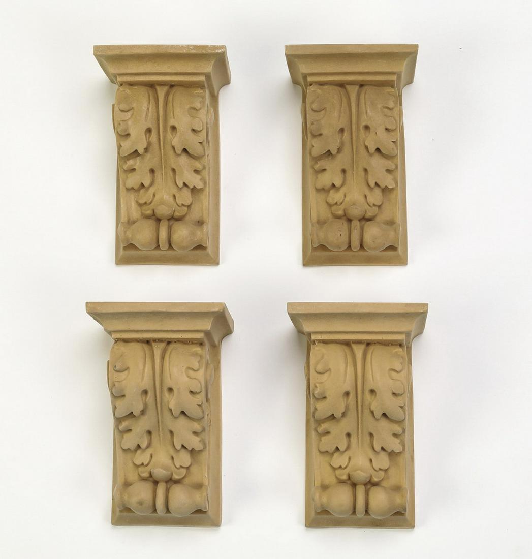 (4) Continental architectural brackets, 6.5"h: Group of (4) Continental architectural elements executed in resin, each in the form of a bracket with acanthus decoration, ready for your own stained or painted finish, 6.5"h x 4"w x 3.25"d.