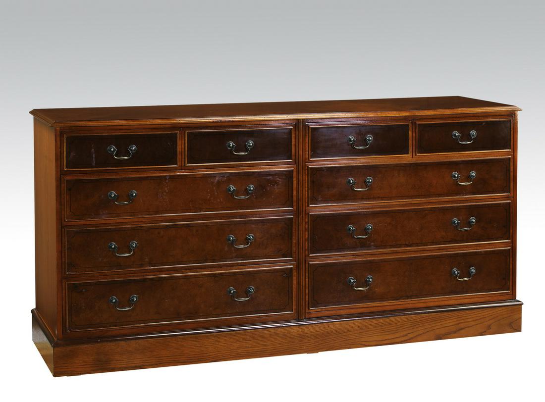 George III style burl wood and mahogany dresser: George III style burl wood and mahogany dresser, having a rectangular top over a conforming cabinet fitted with ten drawers, the whole decorated throughout with dark stringing and rising on a molded p
