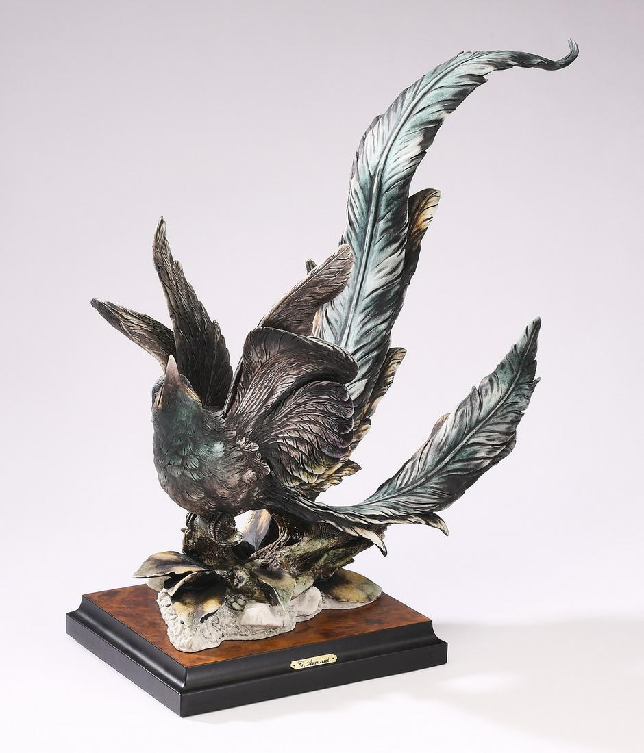 Giuseppe Armani limited edition 'Bird of Paradise': Giuseppe Armani limited edition wildlife sculpture, 'Bird of Paradise,' 1990, depicting an exotic moss green bird with long tail feathers, maker marked and numbered 189/5000, 15"h x 17"w x 9"d.