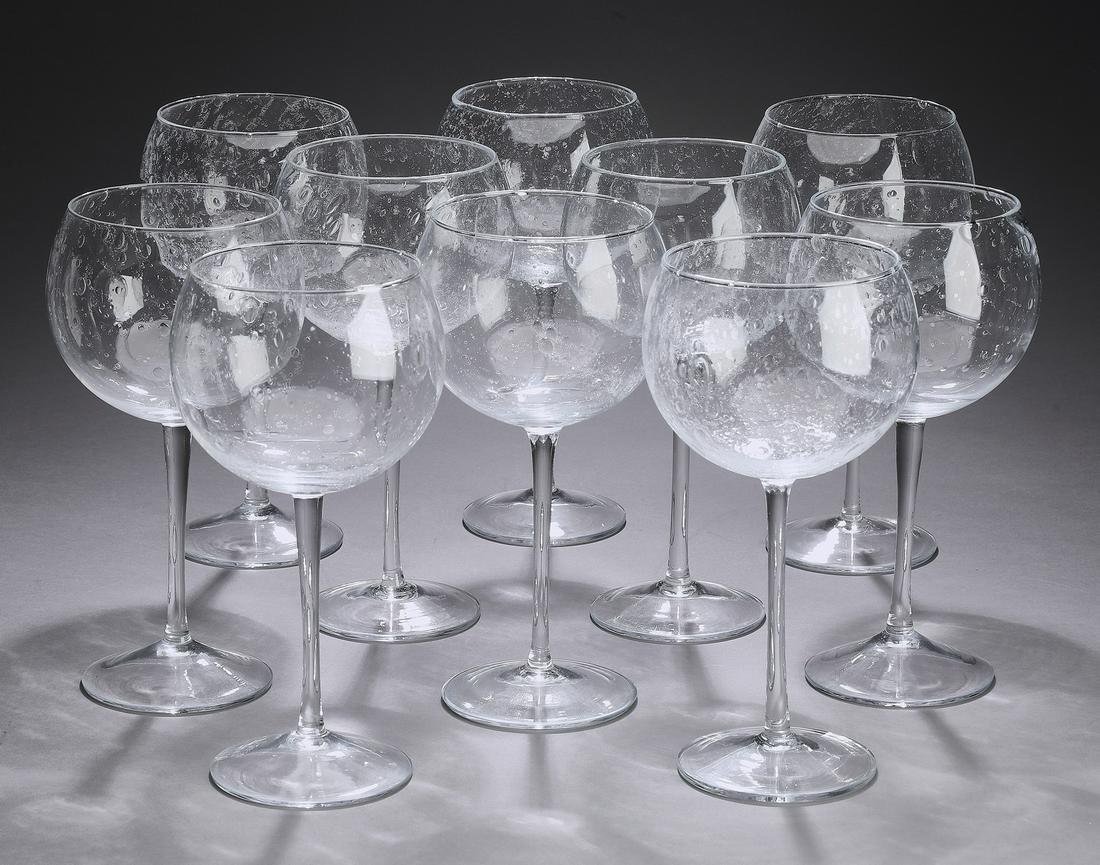 (10) Italian 'Bellini' burgundy wine glasses: (10) Italian hand blown clear bubble glass burgundy wine glasses, from the Bellini collection by Mariposa, each having a polished pontil mark, 9"h x 4.75"dia.