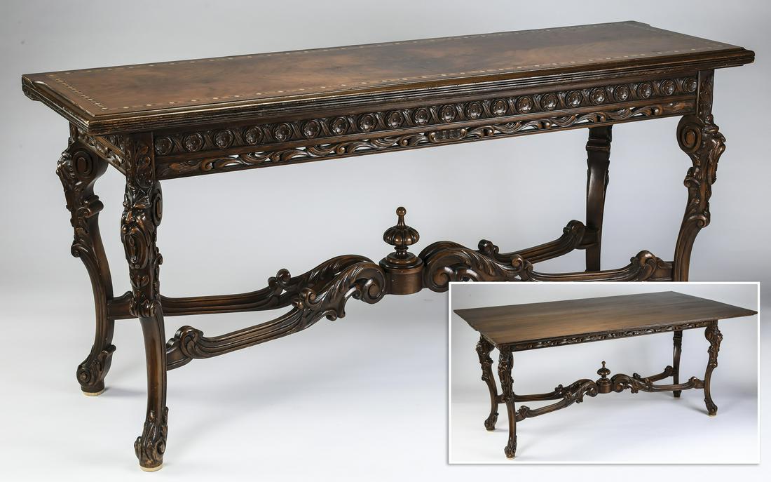 Early 20th c. convertible console table: Early 20th century Neoclassical style parquetry inlaid convertible console table, executed in burl walnut, having a rectangular top when closed, with an inlaid parquetry band around the perimeter, abo
