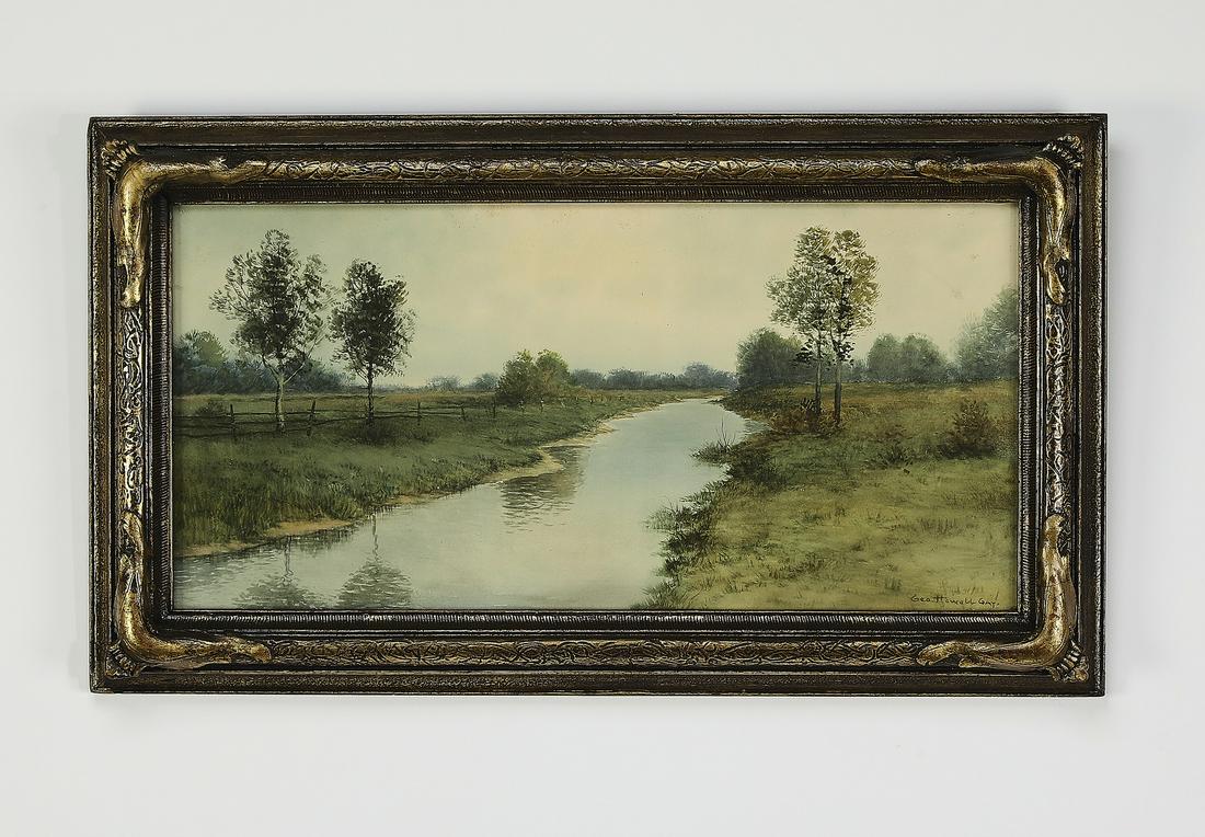 Signed George Howell Gay W/c landscape: Signed George Howell Gay (American, 1880-1929) landscape, executed in watercolor, depicting a serene river winding through a lush, bucolic landscape, signed at the lower right, sight of sheet 9.25"h x