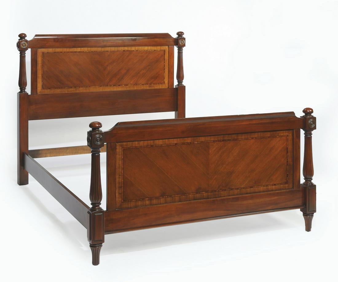 Neo-classical style queen size mahogany bed: Neo-classical style queen size mahogany bed, the head and footboards each having a straight rolled crest rail above a book matched and banded panel, flanked by reeded columns with flattened spherical 