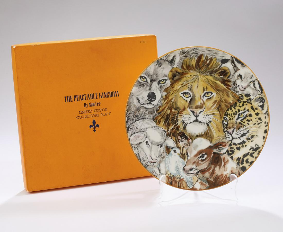 Nan Lee hand painted porcelain plate w/ box: Hand painted porcelain plate by Nan Lee, 'The Peaceable Kingdom,' 1973, depicting animals living in harmony, numbered 3,567/5,000 and marked Haviland Limoges, with original box, plate 9.75"dia.
