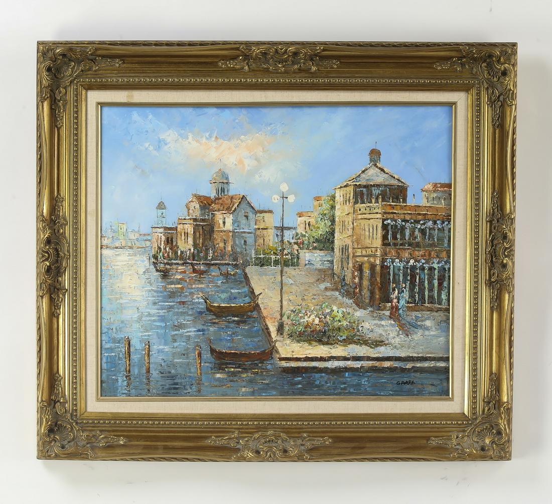 Continental style O/c Venetian scene: Continental School oil on canvas of a Venetian canal scene, depicting an Impressionist view of the Plaza of St. Marks and a distant view of a church, signed 'Graff' at lower right, 19.5"h x 23"w; over
