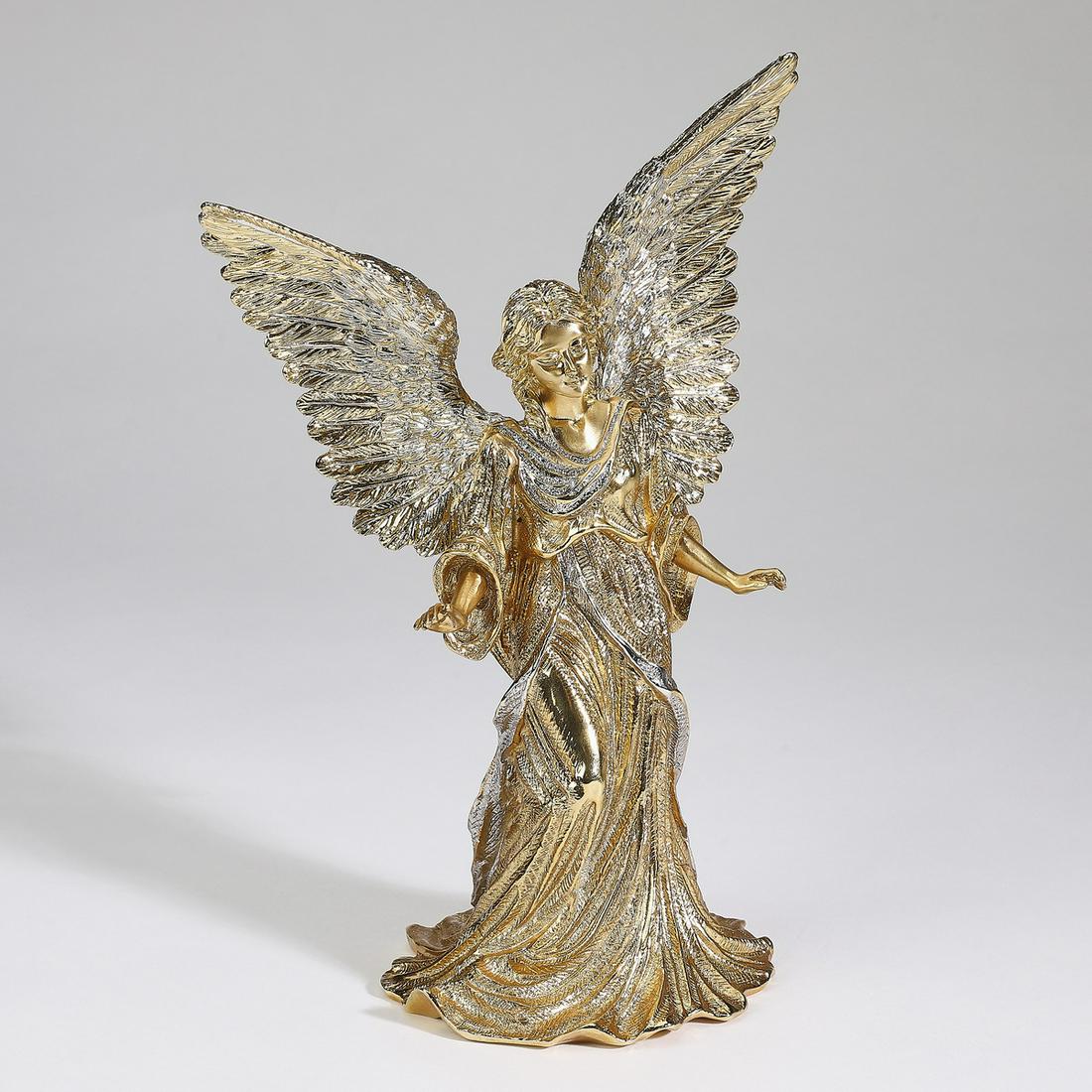 Jay Strongwater and Swarovski gilded angel figure: Jay Strongwater gilded angel figure, hand-painted in enamel and accented with Swarovski crystals, depicting the serene angel with wings and arms spread, with maker's mark to underside, 8.25"h x 5.25"w