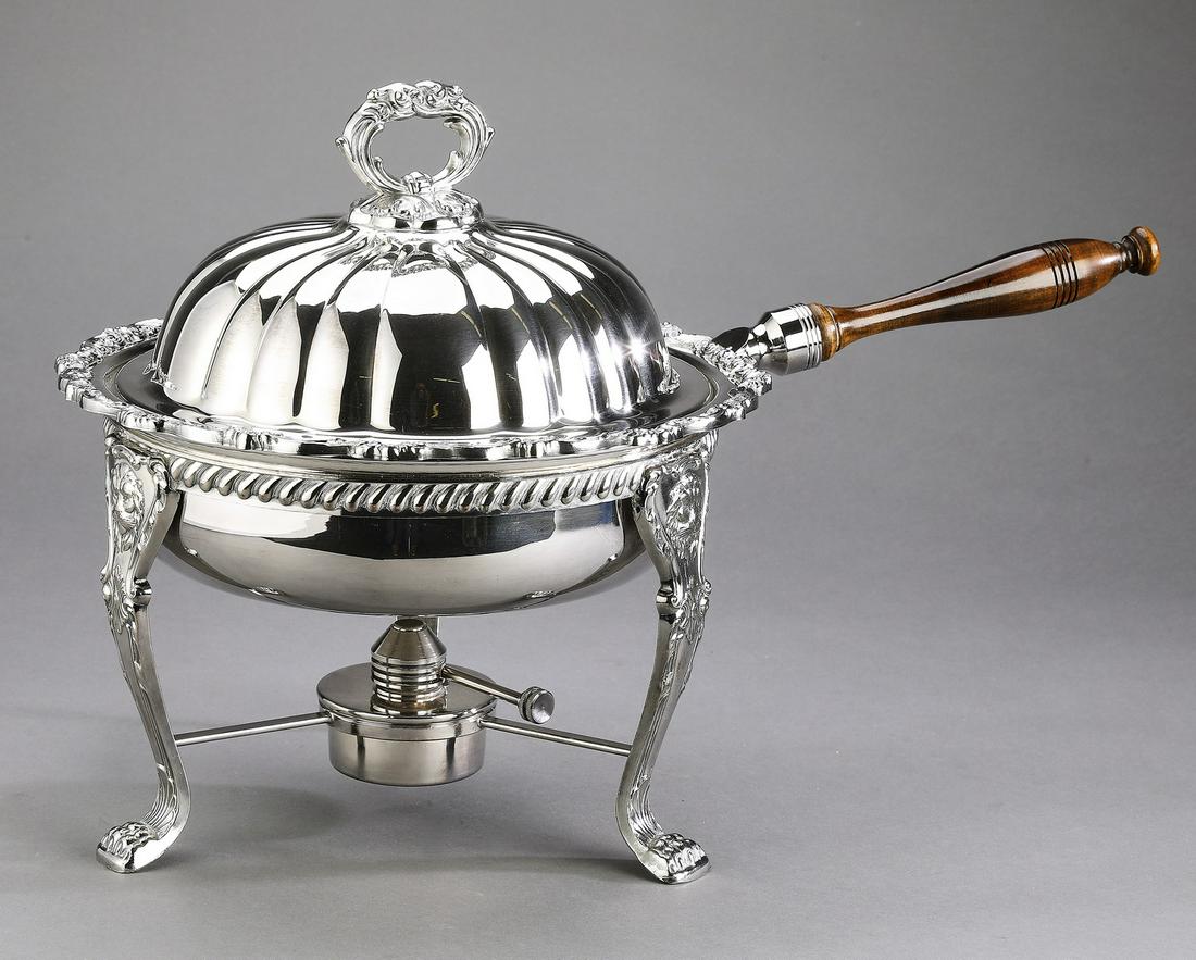 Poole silver plate and wood chafing dish: Poole silver plate and wood chafing dish on stand in the 'Old English,' pattern, having a circular melon form lid above a pan with a wooden handle holding a silver plate liner, the whole resting on a 