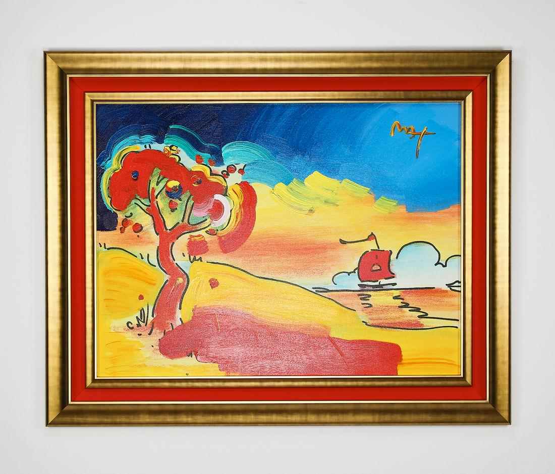 Signed Peter Max embellished giclee 'Quiet Lake': Signed Peter Max (German/American, b. 1937) 'Quiet Lake,' embellished giclee on canvas, depicting a vibrant lakeside landscape with a sailboat in the background, signed upper right, catalog number 288