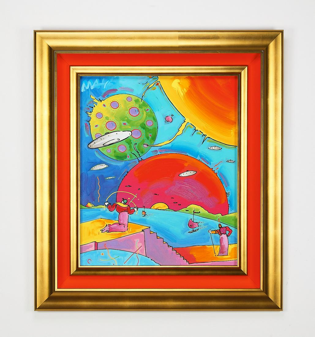Signed Peter Max embellished giclee, 'Year of 2250': Signed Peter Max (German/American, b. 1937) 'Year of 2250,' embellished giclee on canvas, depicting a futuristic landscape of UFOs and various planetary bodies, signed upper left, catalog number 39706