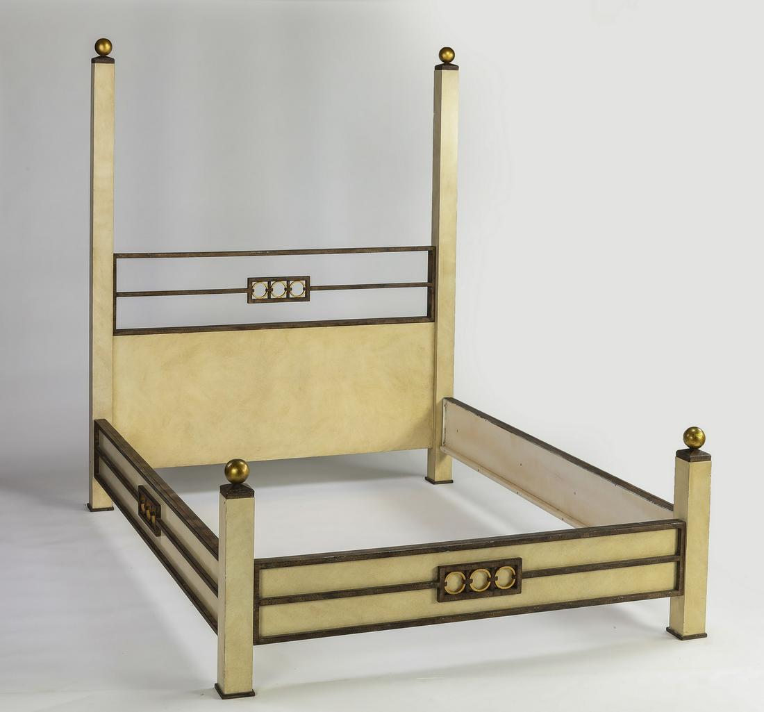 Art Deco style queen size faux parchment finished bed: Art Deco style queen size patinated metal and faux parchment finished bed, having tall squared headboard posts and lower ones on the footboard surmounted by gilt spherical finials, ornamented on all s