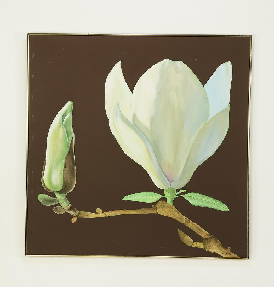 Signed Comer Jennings O/c 'White Japanese Magnolia': Signed Comer Jennings (American, 1926-2016) 'White Japanese Magnolia,' executed in oil on canvas, depicting a close-up of the blooming floral on a chocolate ground, signed lower right, 45.25"h x 45.25
