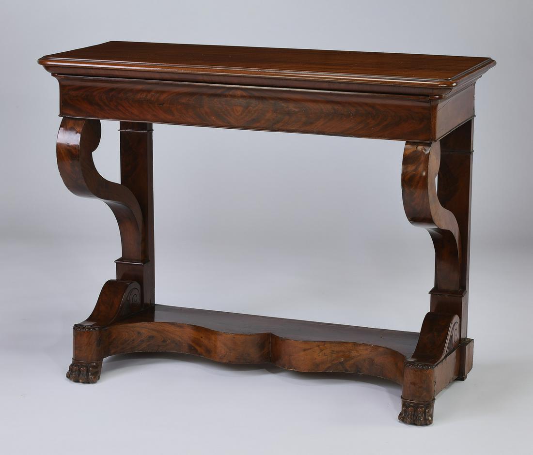 19th c. Philadelphia style walnut console, 46"w: Philadelphia style walnut console, 19th century, having a molded surface surmounting a conforming long drawer, rising on two block legs with S-scroll brackets, above a scalloped apron, terminating in 