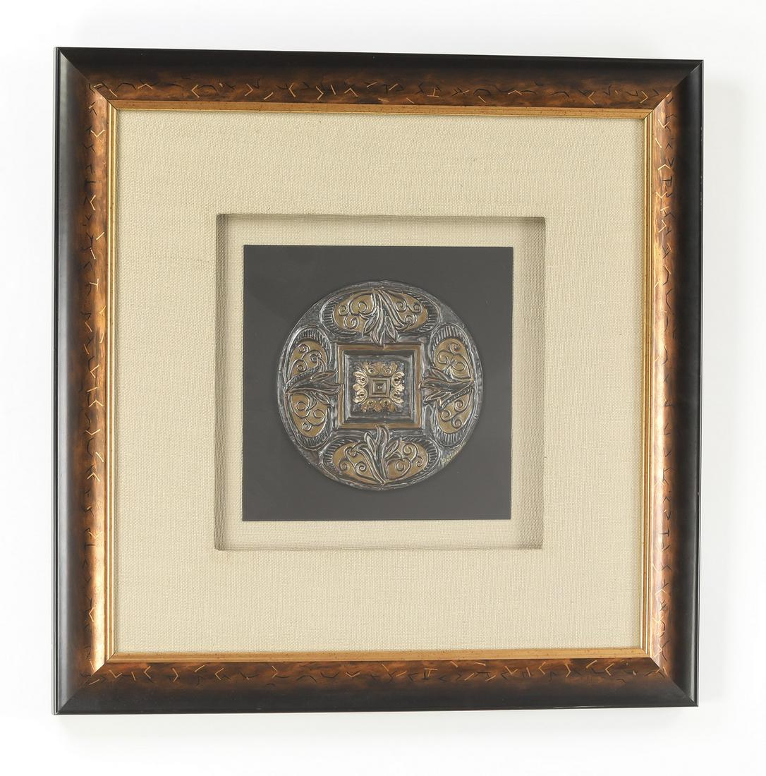 Merri Pattinian signed and numbered collage: Merri Pattinian (American, 20th/21st century) framed collage, having a central disk embossed with foliates centering a medallion, signed and numbered 1 of 1 to verso, the whole mounted on board, matte