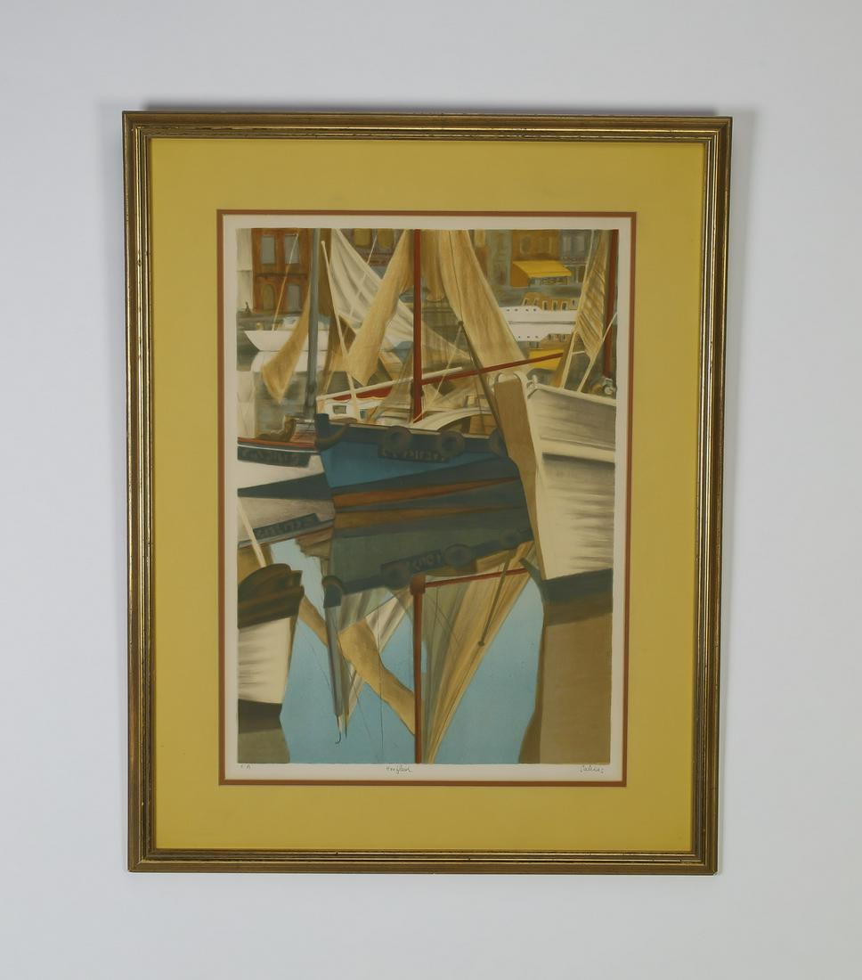 Signed artist ed. Laurent Marcel Salinas 'Honfleur': Signed Laurent Marcel Salinas (French/Egyptian, 1913-2010) 'Honfleur' artist edition lithograph, depicting colorful sailboats at bay with their reflection in the water, signed and titled below, sight 