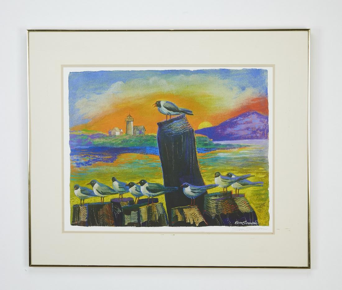 Sven Swenson, signed serigraph 'Dawning of a New Day': Sven Kenneth Swenson (American), signed serigraph, circa 2000, titled 'Dawning of a New Day,' depicting shore birds along a causeway with the sun peeking from behind purple mountains, signed in the pl