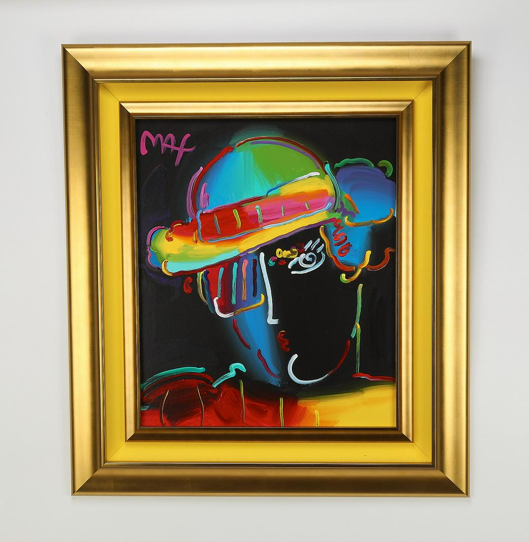 Signed Peter Max embellished giclee, woman in hat: Signed Peter Max (German/American, b. 1937) 'Zero in Spectrum I,' 2018, embellished giclee on canvas, depicting a fashionable woman wearing a hat agianst a black ground, signed upper left, date and ca