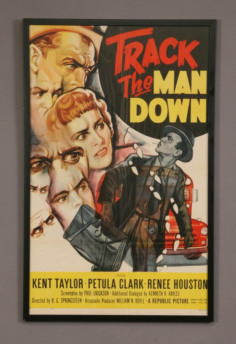Framed vintage "Track the Man Down" movie poster: Framed vintage movie poster, "Track the Man Down", starring Petula Clark and Kent Taylor, overall size including frame 41.5"h x 21.5"w.
