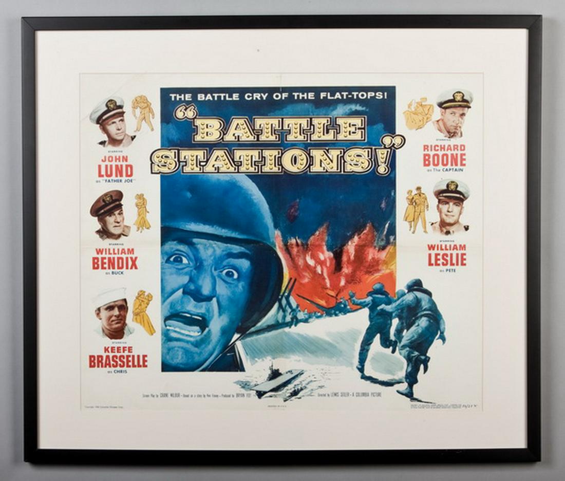 Vintage "Battle Stations" movie poster: Mid-20th century movie theater poster for "Battle Stations!" starring John Lund, William Bendix, Keefe Brasselle, Richard Boone, and William Leslie. The drama set during World War II pits the chaplain