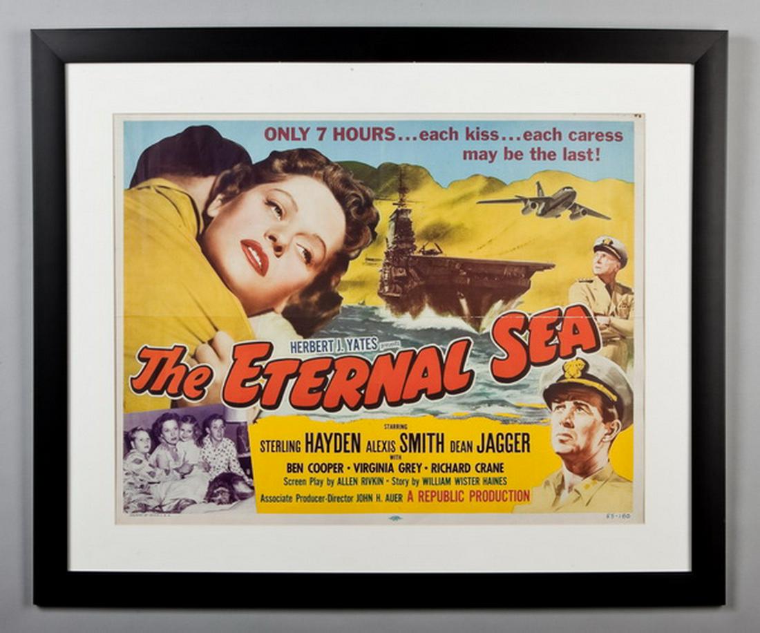 Vintage "Eternal Sea" movie poster: Mid-20th century movie theater poster for the World War II era drama "The Eternal Sea" starring Sterling Hayden, Alexis Smith, and Dean Jagger. The movie tells the story of American Admiral John Hoski