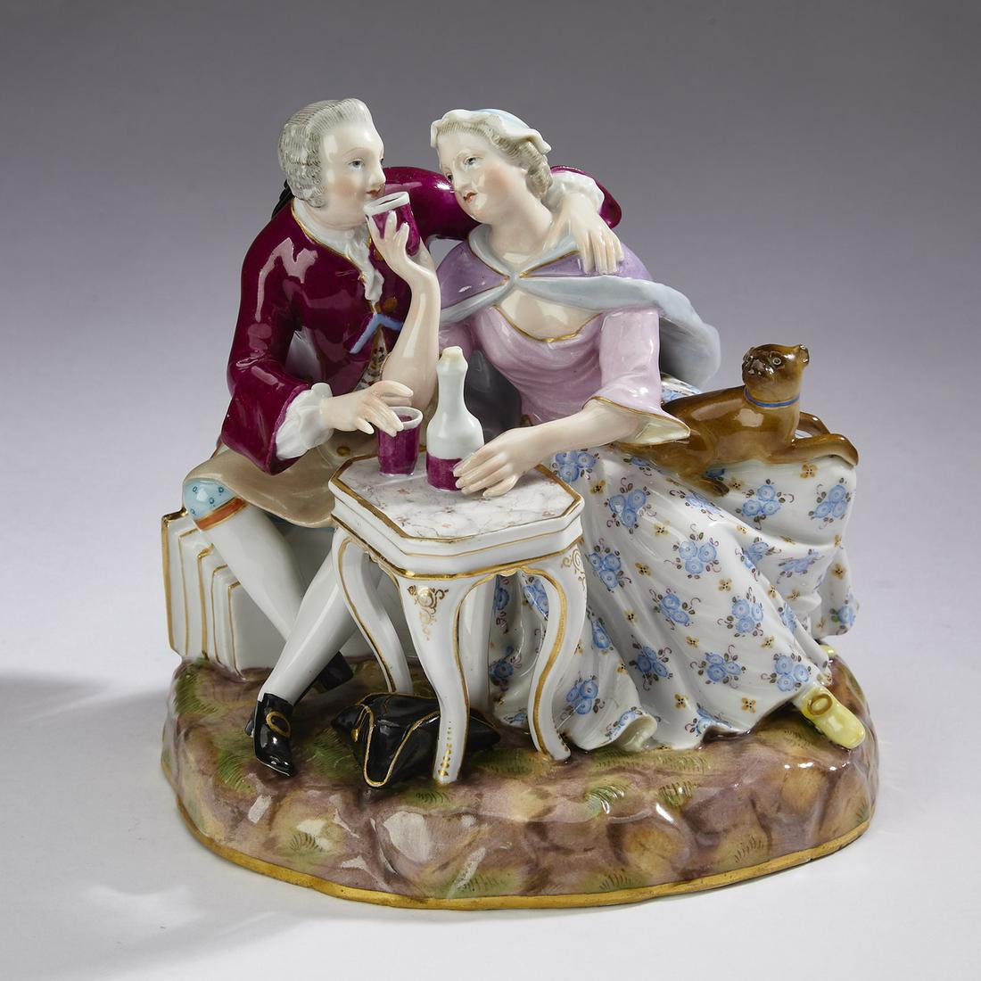 Meissen porcelain figural grouping 'Wine', 19th c.: Meissen porcelain figural grouping, late 19th or early 20th century, depicting a couple dressed in 18th century garb, seated at a table sipping wine, while a pug rests on the lady's lap; the underside