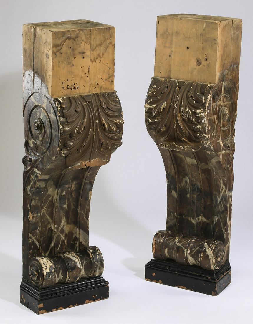 (2) Carved acanthus brackets w/ faux marble finish: Pair of carved acanthus brackets paint decorated with a faux marble finish, each having a square tenon, above a scrolling pediment with carved acanthus accents, surmounting the fluted standard, ending