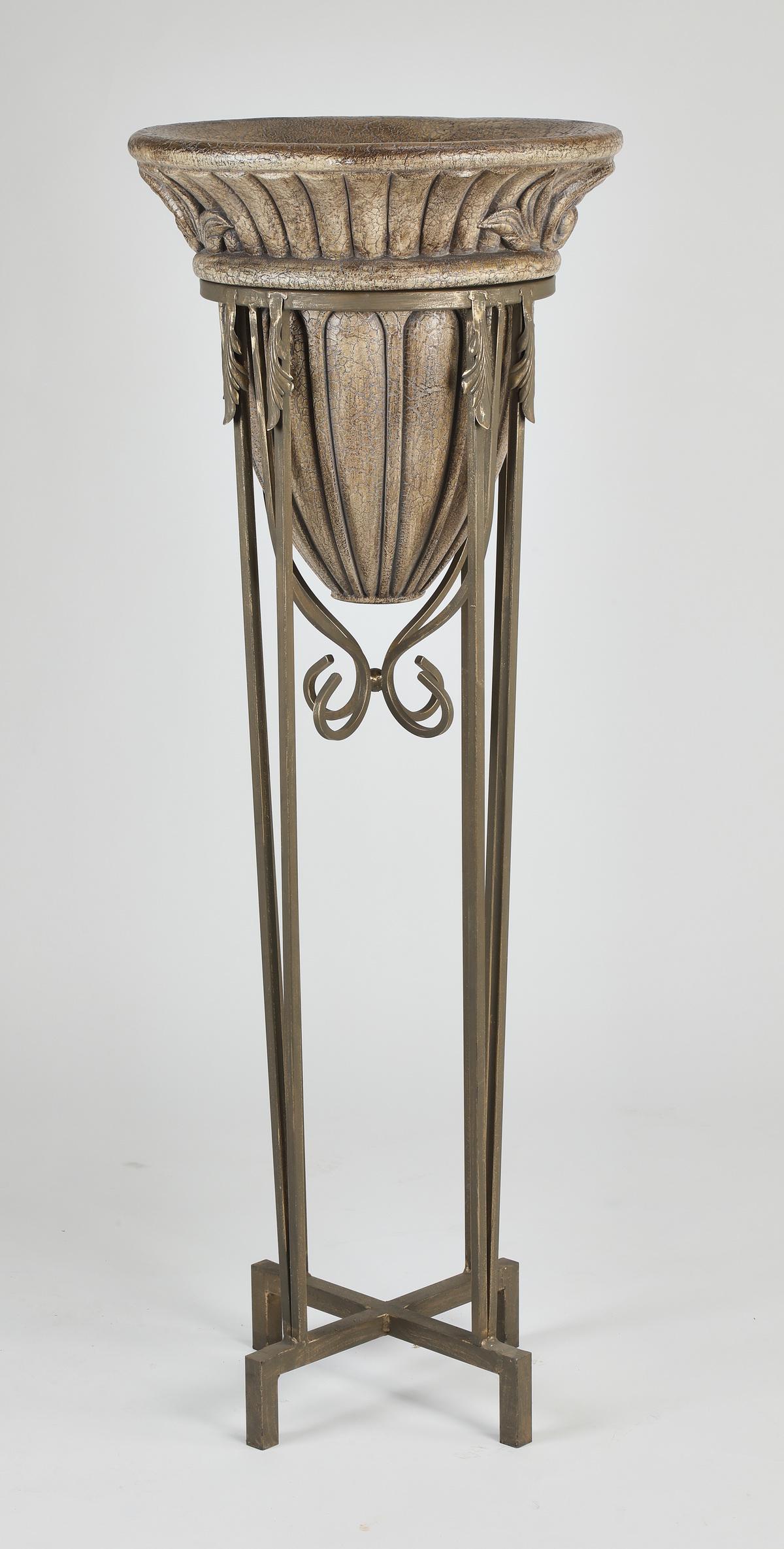 Neoclassical style jardiniere on stand, 54"h: Neoclassical style jardiniere on stand, executed in polychrome metal and ceramic, having a circular gadrooned vase cradled in a metal cage terminating to square tubular feet, 54"h x 20"dia.
