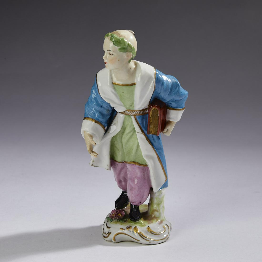 Continental porcelain Chinese scholar, 19th c.: Continental porcelain figure of a Chinese scholar in the Meissen taste, late 19th or early 20th century, the scholar depicted as a young man holding a book, resting on a circular base, the underside h