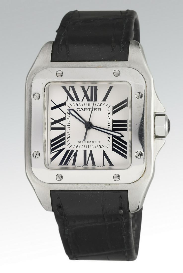 Cartier Santos 100 stainless watch w/ croc band: Cartier Santos 100, stainless steel with black croc deployant bracelet and original box, serial #745088E. 42mm.**Please note that all fine jewelry purchases must be paid for with either a certified ba