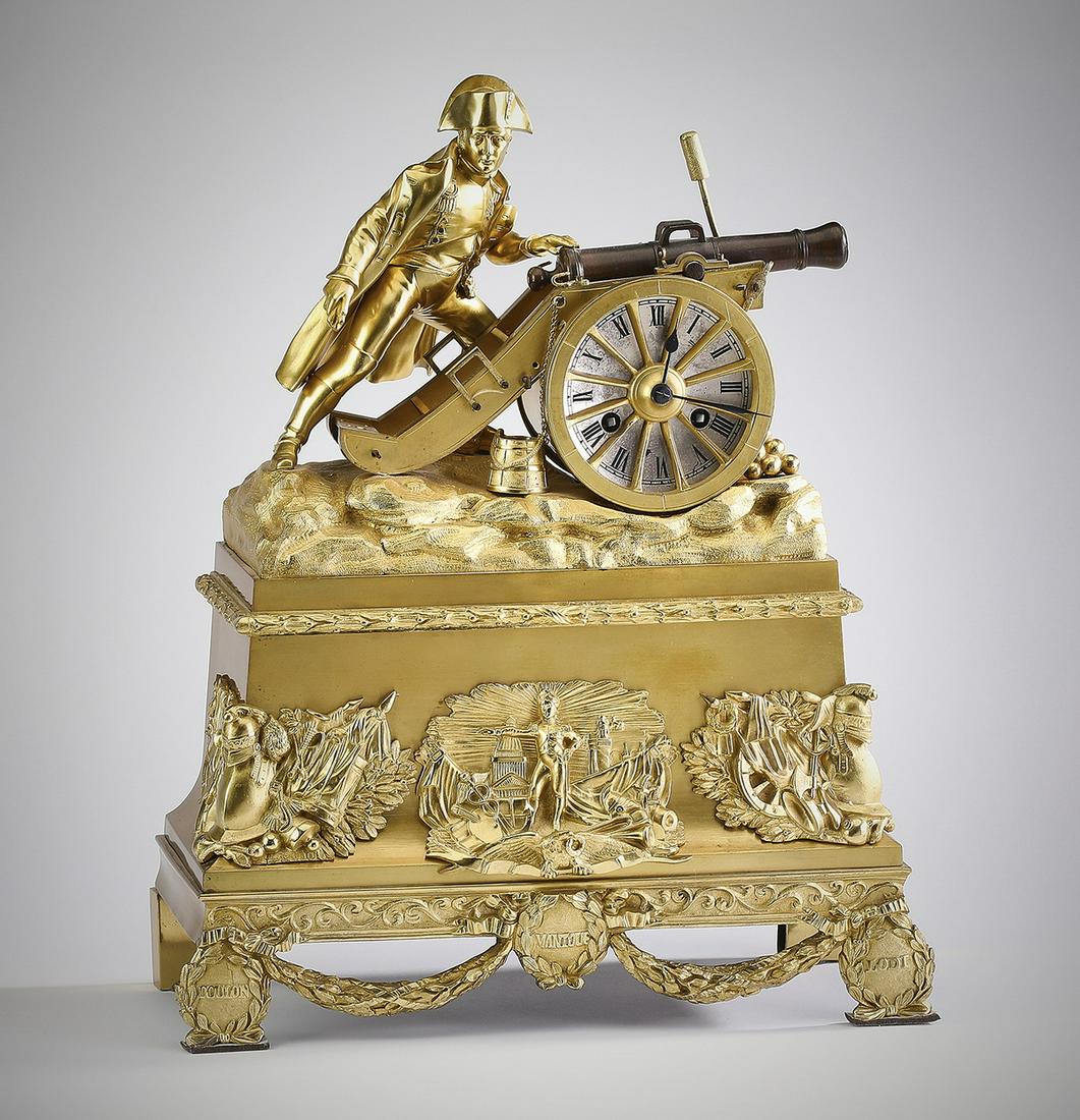 19th c. French gilt bronze Napoleon mantel clock: Napoleon Bonaparte French gilt bronze mantel clock, Paris, late 19th century, the bronze case having Napoleon posed as an artillery officer manning a canon, with a silvered clock dial having Roman num