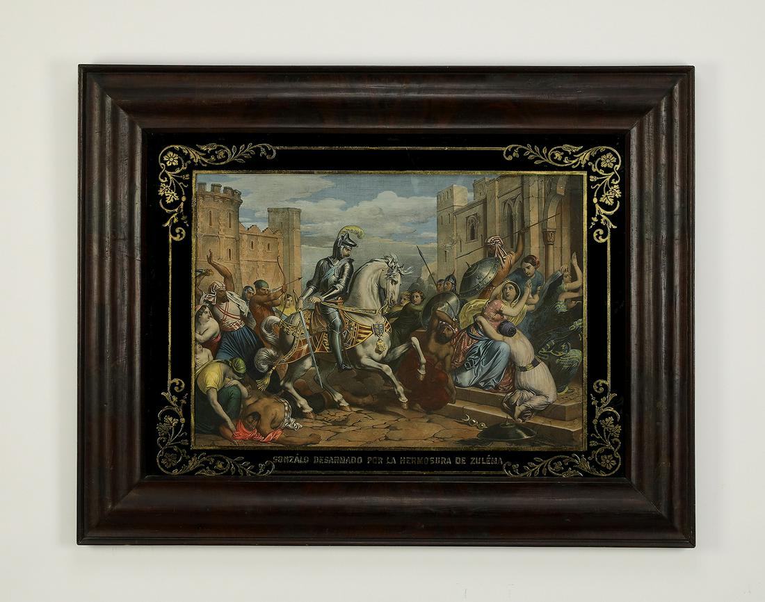 19th c.Spanish hand colored engraving, military scene: Continental School 'Gonzalo Desarmado por la Hermosura de Zulema (Gonzalo Unarmed by the Beauty of Zulema)' military scene, circa 1840s, hand-colored engraving, depicting the famed Spanish 'El Gran Ca