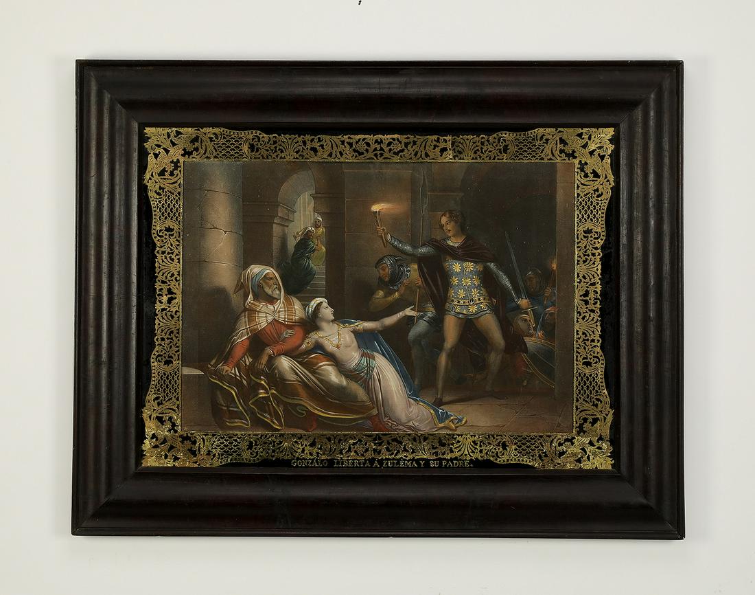 19th c.Spanish hand colored engraving, military scene: Continental School 'Gonzalo Liberta a Zulema y Su Padre (Gonzalo Releases Zulema and Her Father)' military scene, circa 1840s, hand-colored engraving, depicting the famed Spanish 'El Gran Captain' Gon