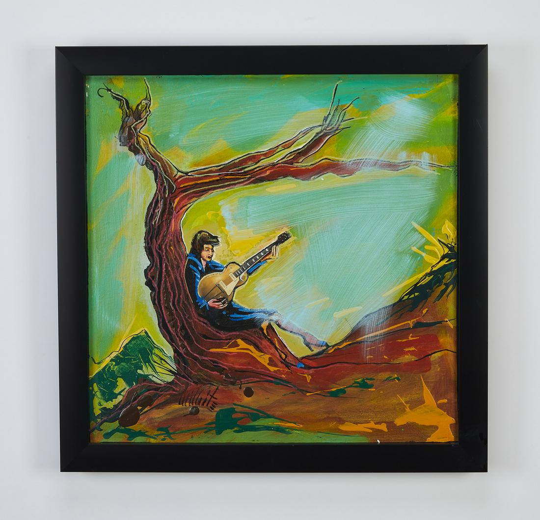 Russ Wilhite signed acrylic on canvas 'Guitar Lady': Original acrylic on canvas by Russ Wilhite (American), late 20th century, titled 'Guitar Lady,' executed in a semi-realist style in vibrant colors, depicting a young woman reclining against a tree tru