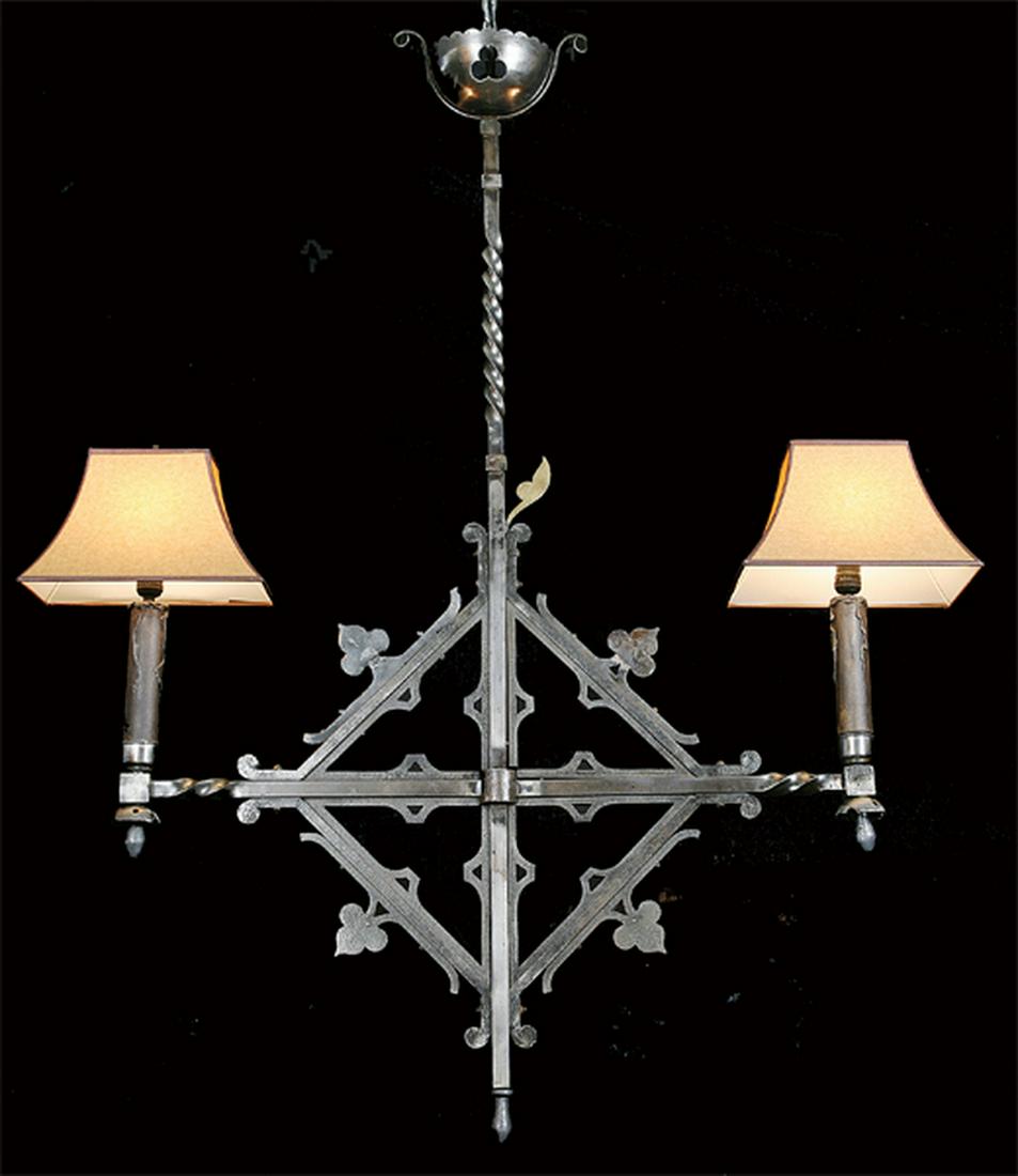19th c. French wrought iron 2-light chandelier: Late 19th century French Gothic Revival wrought iron 2-light chandelier, 58"h x 37"w.