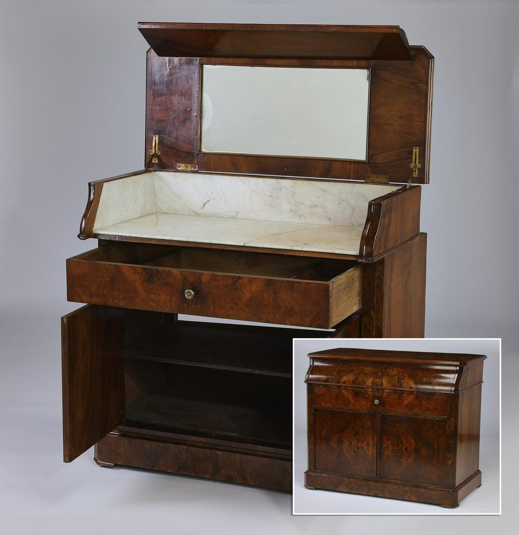 19th c Louis-Philippe style gentleman's vanity: Louis-Philippe style burl gentleman's vanity, mid to late 19th century, having a hinged and book-matched veneer surface with canted corners, opening to a marble interior and mirror, the whole rising o