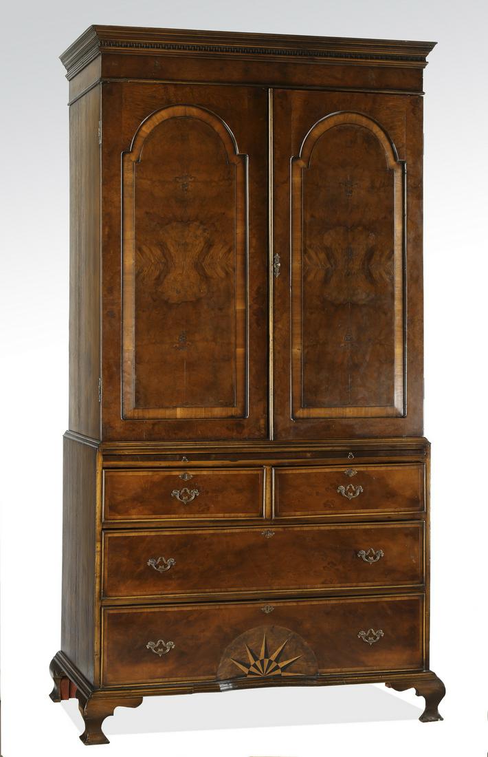 Georgian style birds eye maple & mahogany linen press: Georgian style mahogany linen press, having a shaped cornice above cabinet doors opening to two adjustable shelves, surmounting a pull out folding surface, above four drawers, the bottom drawer inset 
