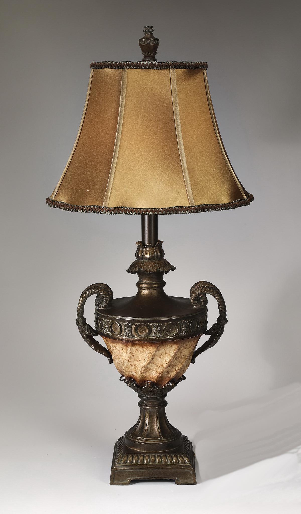 Neoclassical style table lamp with amphora standard: Neoclassical style table lamp with an amphora standard, executed in paint decorated composition, having a gold silk bell shaped shade trimmed with contrasting braid, the whole rising on a molded squar