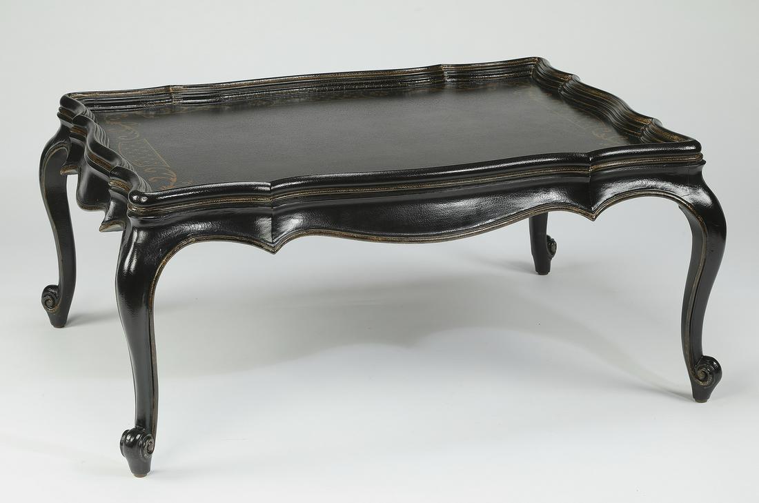 Louis XV style Japanned tray top coffee table: Japanned tray-top coffee table in the Louis XV taste, having a fixed rectangular top with ogee sides, surmounting an ogee apron, the whole rising on cabriole legs, terminating to scrolling feet on pad
