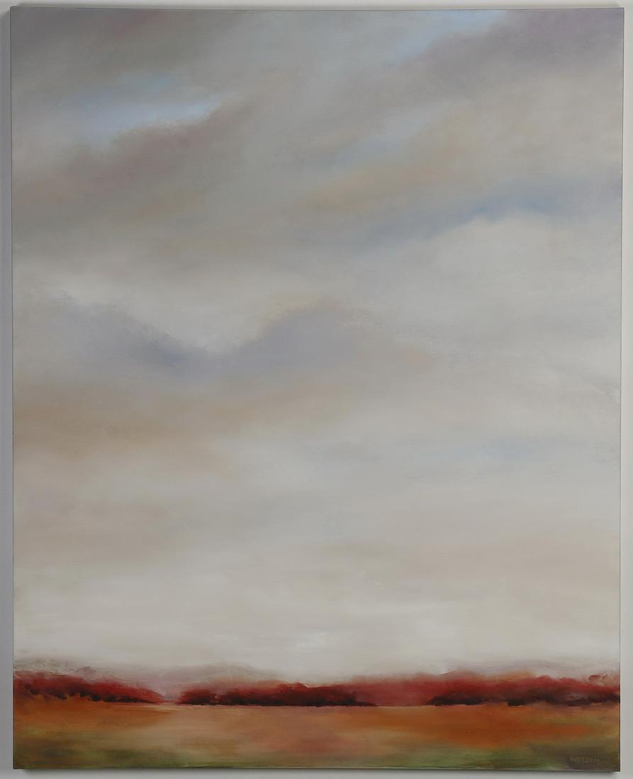 Carey Watson signed, O/c, landscape, 60"h: Contemporary oil on canvas, horizon with overcast sky, artist signed lower right (Carey) Watson, 60"h x 48"w x 1.5"d.