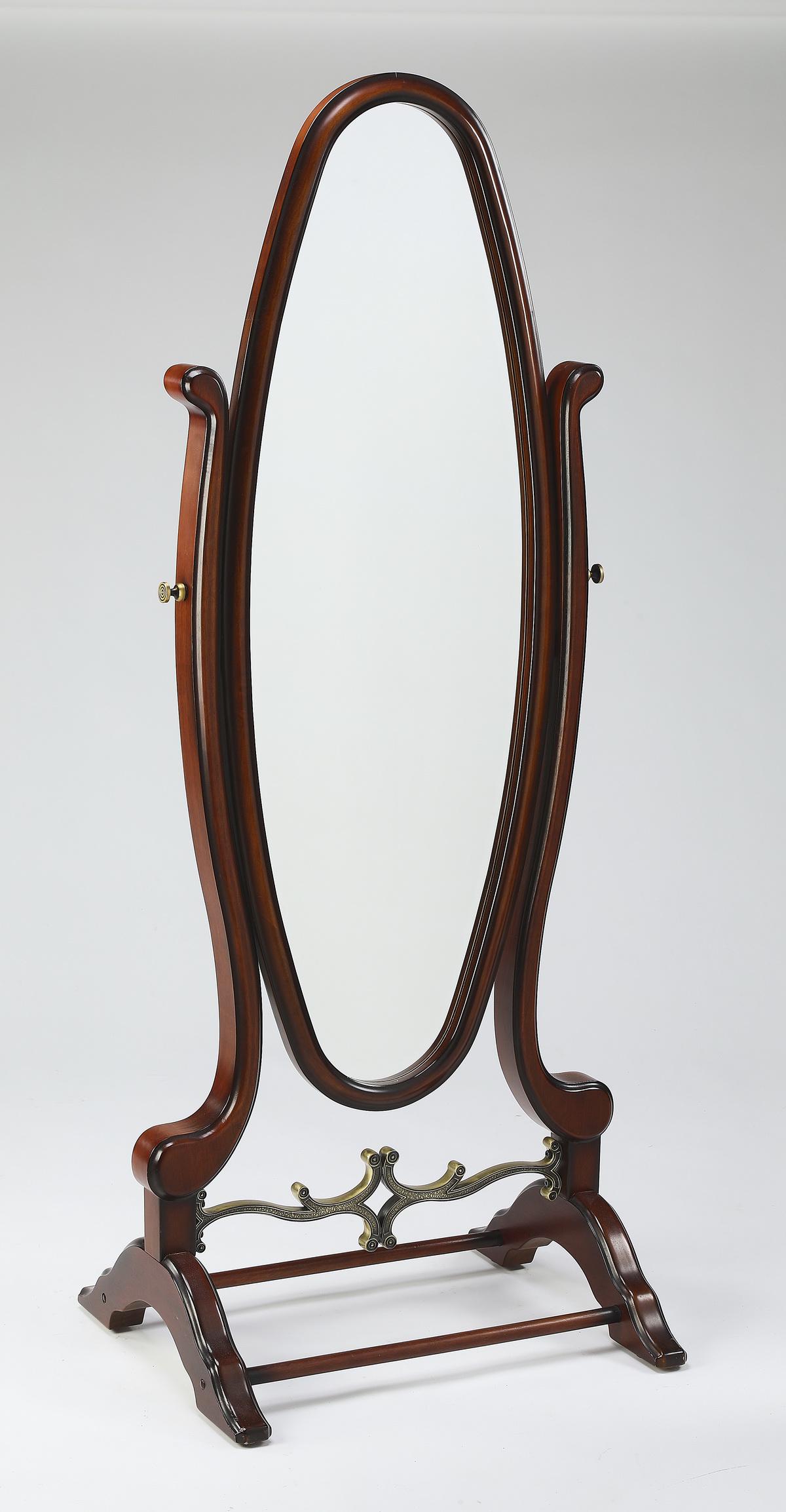 Full length oval cheval mirror, 63"h: Full length oval cheval mirror, having a wood frame and supports terminating to shoe feet; mirror 47.5"h x 15.25"w, overall size with frame and supports 63"h x 26"w.