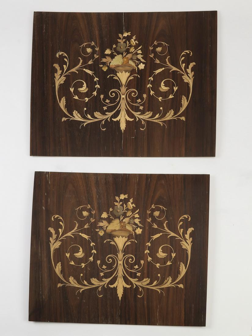 (2) Italian polychrome marquetry panels. 18"h: Pair of Italian polychrome marquetry panels in the Rococo taste, each centering an urn of flowers above acanthus scrollwork on a dark figured ground, unvarnished, first 17.75"h x 21.75"w; second 17.75